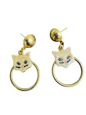 Gold Cat Face Hoop Dangle Enamel Post Earrings
